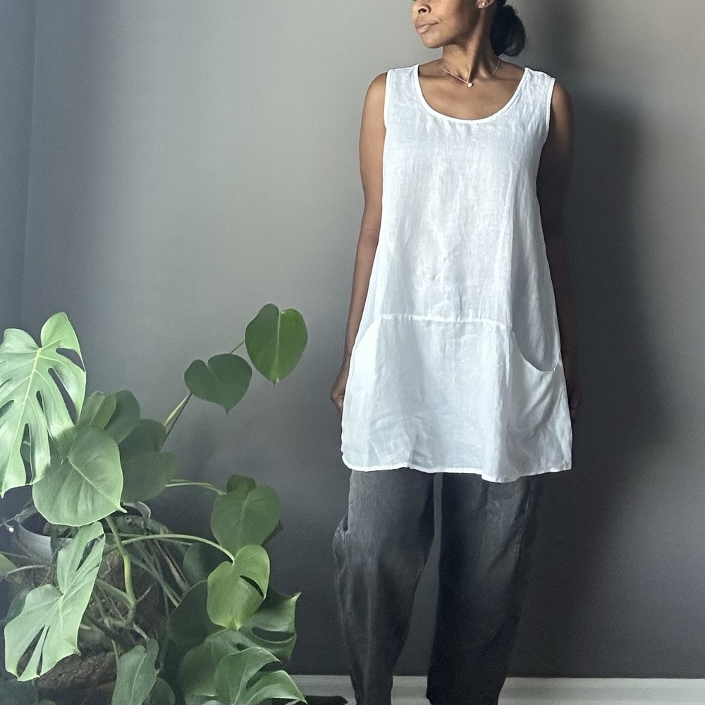 Cut Loose Tunic Women's Size M 100% Linen White Sleeveless Pockets Lagenlook